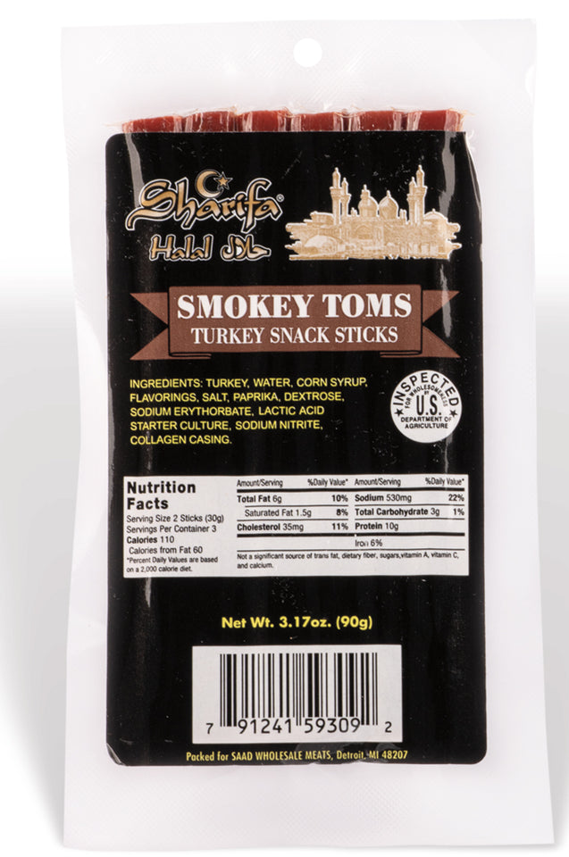 Sharifa Halal Smokey Toms Turkey Snack Sticks, (1) 3.17 oz. Package – Great Everyday Halal Turkey Snack, 100 % Real Zabiha Halal Turkey, 10g of Protein, 110 Calories, & 3g of Carbohydrates