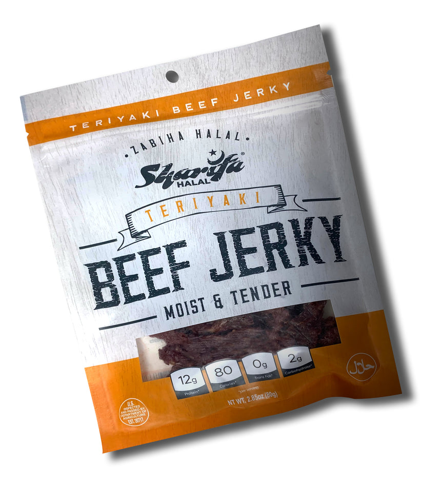 Sharifa Halal Beef Jerky, Teriyaki, (1) 2.85 oz. Bag – Great Everyday Halal Jerky Beef Meat Snack, 100 % Real Zabiha Halal Beef, 12g of Protein, 80 Calories, 0g Trans Fat, & 2g of Carbohydrates