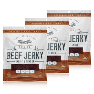 Sharifa Halal Beef Jerky, Original, (3) 2.85 oz. Bag – Great Everyday Halal Jerky Beef Meat Snack, 100 % Real Zabiha Halal Beef, 13g of Protein, 70 Calories, 0g Trans Fat, & 2g of Carbohydrates