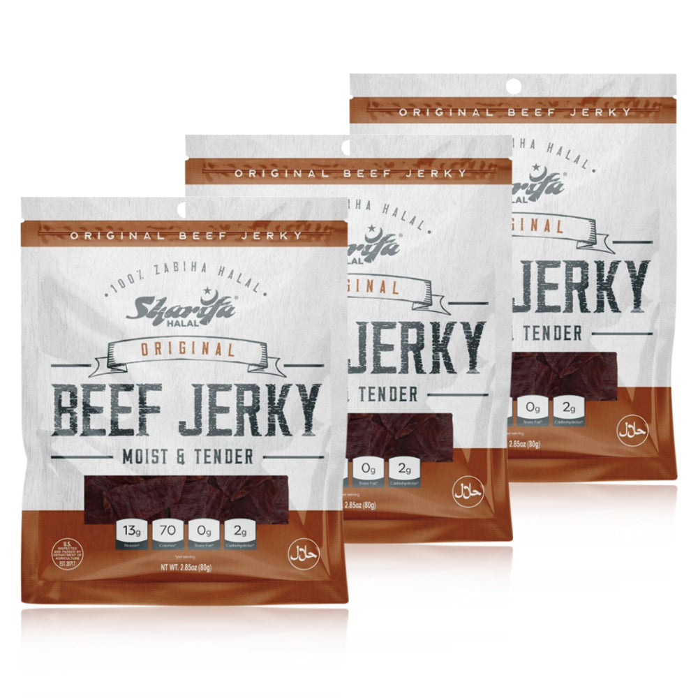 Sharifa Halal Beef Jerky, Original, (3) 2.85 oz. Bag – Great Everyday Halal Jerky Beef Meat Snack, 100 % Real Zabiha Halal Beef, 13g of Protein, 70 Calories, 0g Trans Fat, & 2g of Carbohydrates