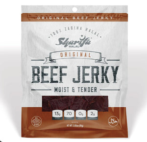 Sharifa Halal Beef Jerky, Original, (1) 2.85 oz. Bag – Great Everyday Halal Jerky Beef Meat Snack, 100 % Real Zabiha Halal Beef, 13g of Protein, 70 Calories, 0g Trans Fat, & 2g of Carbohydrates Brand: SHARIFA HALAL