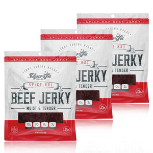 Sharifa Halal Beef Jerky, Spicy Hot, (3) 2.85 oz. Bag – Great Everyday Halal Jerky Beef Meat Snack, 100 % Real Zabiha Halal Beef, 13g of Protein, 70 Calories, 0g Trans Fat, & 2g of Carbohydrates