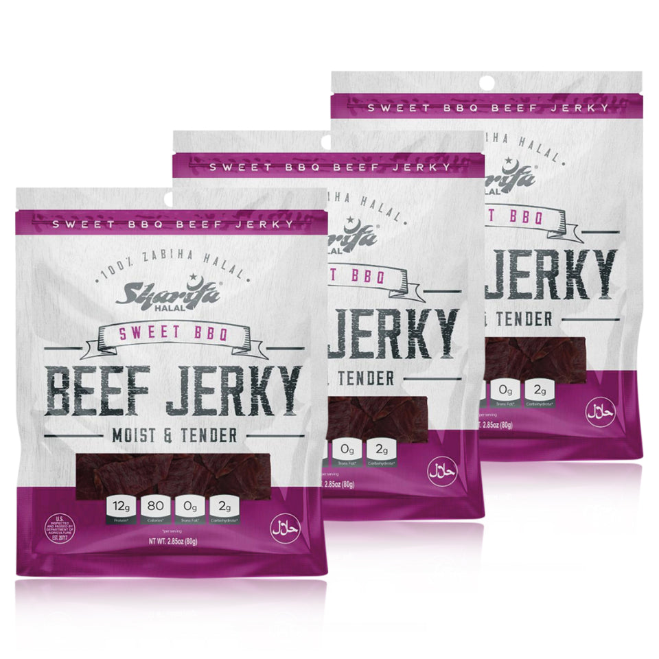 Sharifa Halal Beef Jerky, Sweet BBQ, (3) 2.85 oz. Bag – Great Everyday Halal Jerky Beef Meat Snack, 100 % Real Zabiha Halal Beef, 12g of Protein, 80 Calories, 0g Trans Fat, & 2g of Carbohydrates