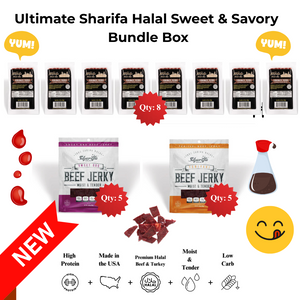 Ultimate Sharifa Halal Sweet & Savory Bundle Box - Premium Jerky Sampler with Turkey Toms Sweet BBQ & Teriyaki Jerky - High Protein Low Carb Made in USA - Snack
