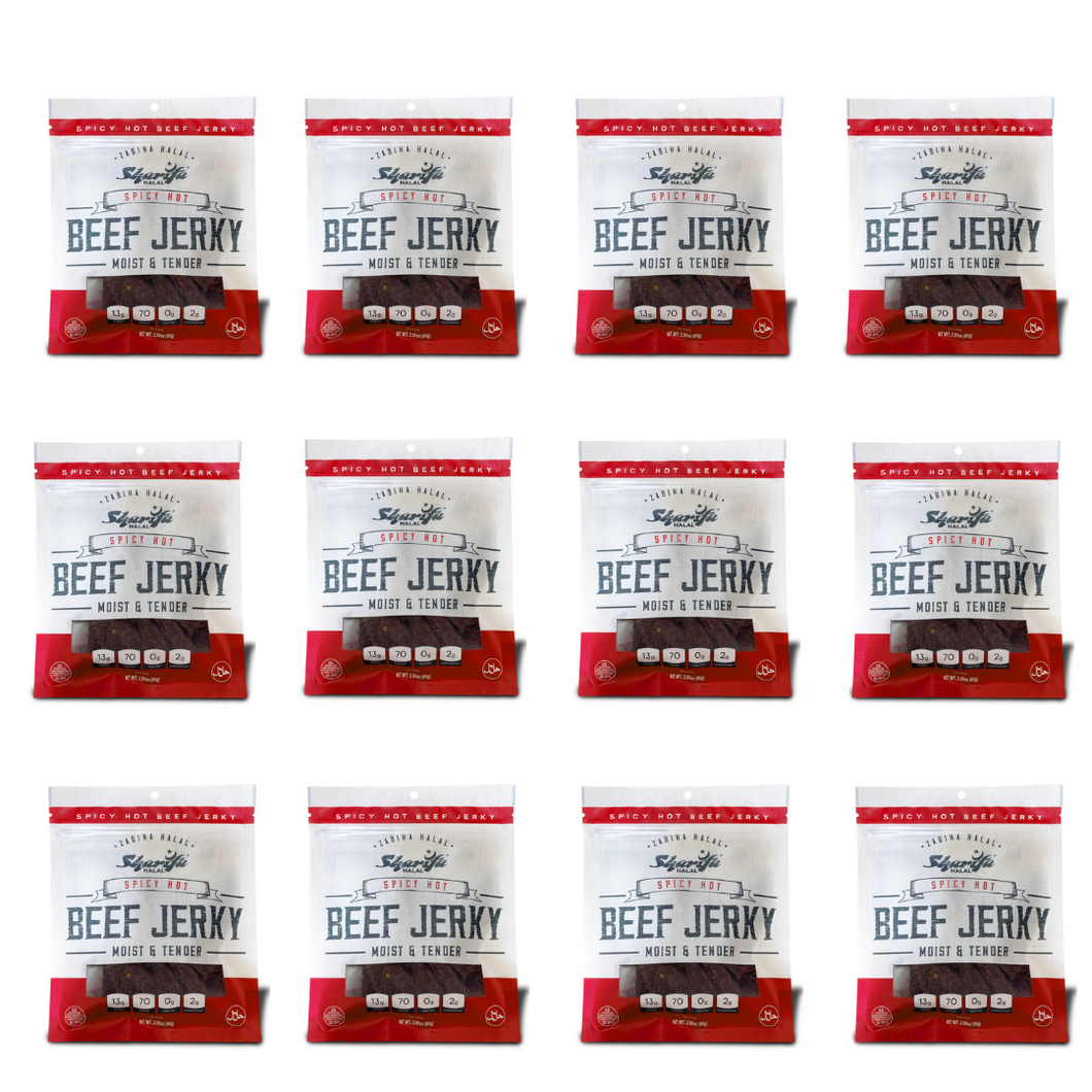 SHARIFA HALAL BEEF JERKY, SPICY HOT, (1 CASE) (12-2.85 OZ. BAGS) – GREAT EVERYDAY HALAL JERKY BEEF MEAT SNACK, 100 % REAL ZABIHA HALAL BEEF, 13G OF PROTEIN, 70 CALORIES, 0G TRANS FAT, & 2G OF CARBOHYDRATES