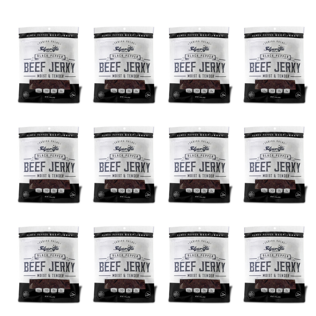 SHARIFA HALAL BEEF JERKY, BLACK PEPPER, (1 Case) (12-2.85 OZ. BAGS) – GREAT EVERYDAY HALAL JERKY BEEF MEAT SNACK, 100 % REAL ZABIHA HALAL BEEF, 13G OF PROTEIN, 70 CALORIES, 0G TRANS FAT, & 2G OF CARBOHYDRATES