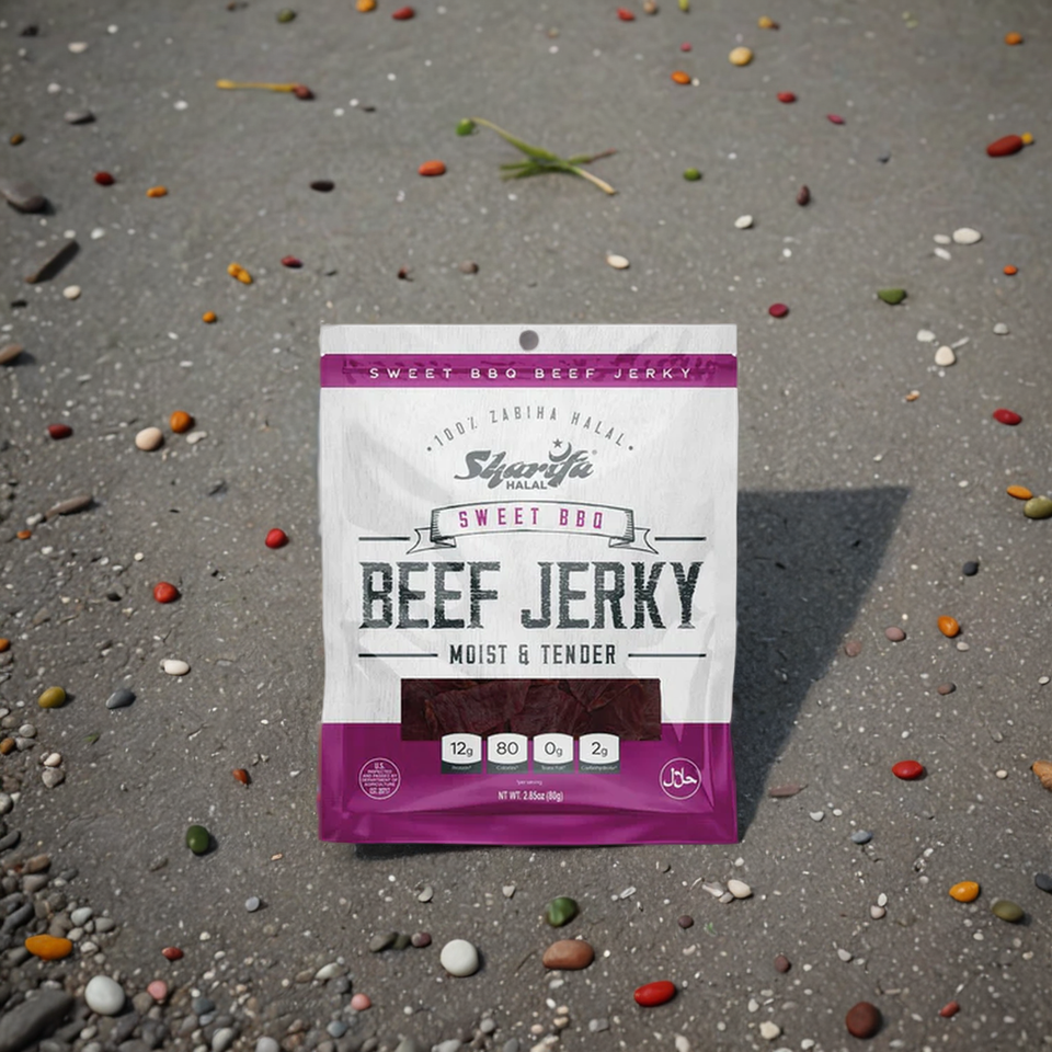 Sharifa Halal Beef Jerky, Sweet BBQ, (1) 2.85 oz. Bag – Great Everyday Halal Jerky Beef Meat Snack, 100 % Real Zabiha Halal Beef, 12g of Protein, 80 Calories, 0g Trans Fat, & 2g of Carbohydrates