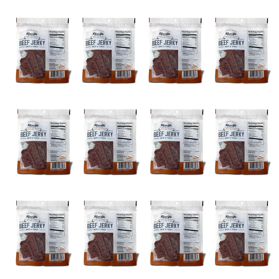 SHARIFA HALAL BEEF JERKY, ORIGINAL, (1 CASE) (12- 2.85 OZ. BAGS) – GREAT EVERYDAY HALAL JERKY BEEF MEAT SNACK, 100 % REAL ZABIHA HALAL BEEF, 13G OF PROTEIN, 70 CALORIES, 0G TRANS FAT, & 2G OF CARBOHYDRATES BRAND: SHARIFA HALAL