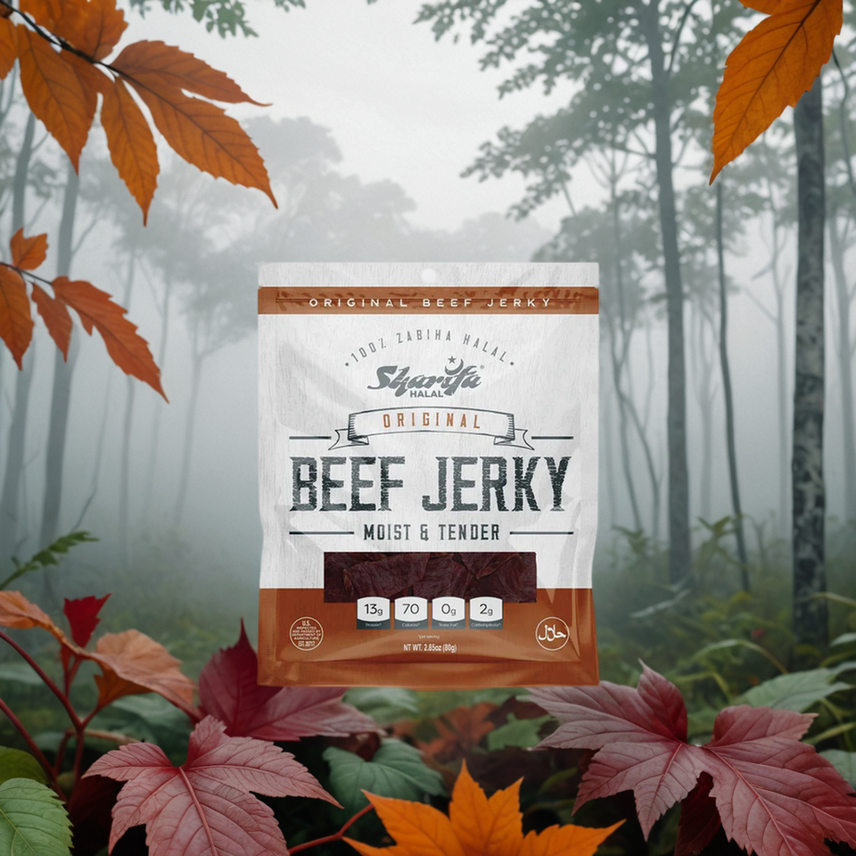 Sharifa Halal Beef Jerky, Original, (1) 2.85 oz. Bag – Great Everyday Halal Jerky Beef Meat Snack, 100 % Real Zabiha Halal Beef, 13g of Protein, 70 Calories, 0g Trans Fat, & 2g of Carbohydrates Brand: SHARIFA HALAL