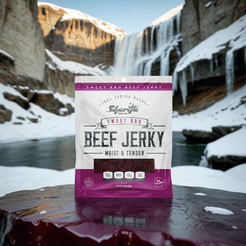 Sharifa Halal Beef Jerky, Sweet BBQ, (1) 2.85 oz. Bag – Great Everyday Halal Jerky Beef Meat Snack, 100 % Real Zabiha Halal Beef, 12g of Protein, 80 Calories, 0g Trans Fat, & 2g of Carbohydrates