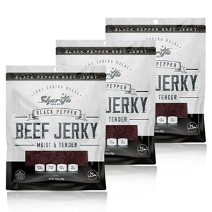 Sharifa Halal Beef Jerky, Black Pepper, (3) 2.85 oz. Bag – Great Everyday Halal Jerky Beef Meat Snack, 100 % Real Zabiha Halal Beef, 13g of Protein, 70 Calories, 0g Trans Fat, & 2g of Carbohydrates