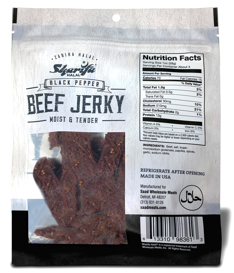 Sharifa Halal Beef Jerky, Black Pepper, (1) 2.85 oz. Bag – Great Everyday Halal Jerky Beef Meat Snack, 100 % Real Zabiha Halal Beef, 13g of Protein, 70 Calories, 0g Trans Fat, & 2g of Carbohydrates
