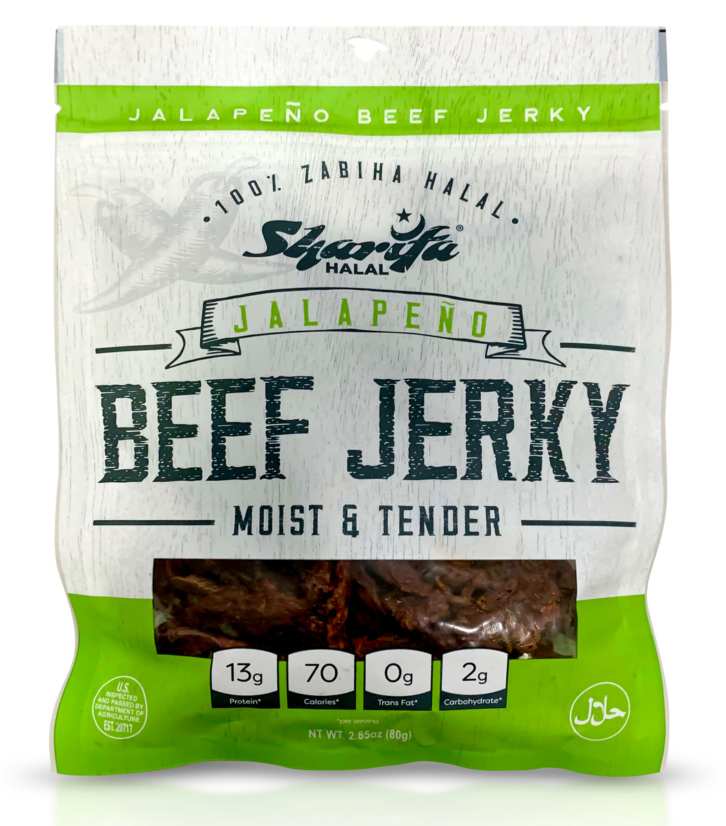 Sharifa Halal Beef Jerky, Jalapeno, (1) 2.85 oz. Bag – Great Everyday Halal Jerky Beef Meat Snack, 100 % Real Zabiha Halal Beef, 13g of Protein, 70 Calories, 0g Trans Fat, & 2g of Carbohydrates