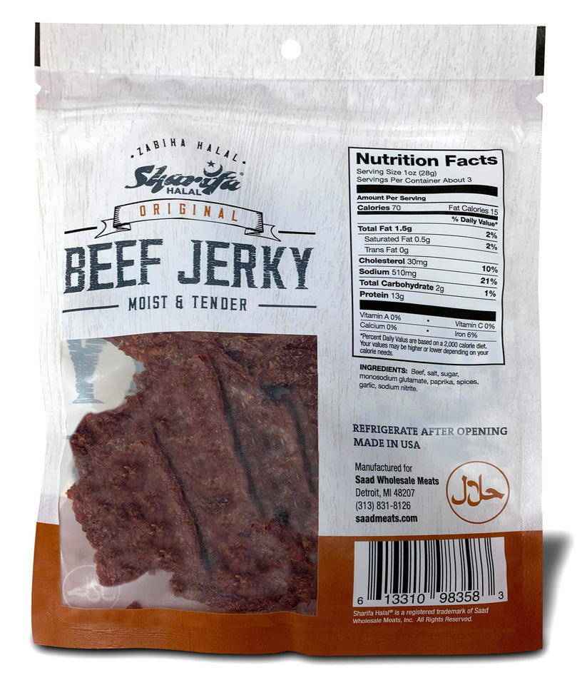 Sharifa Halal Beef Jerky, Original, (1) 2.85 oz. Bag – Great Everyday Halal Jerky Beef Meat Snack, 100 % Real Zabiha Halal Beef, 13g of Protein, 70 Calories, 0g Trans Fat, & 2g of Carbohydrates Brand: SHARIFA HALAL