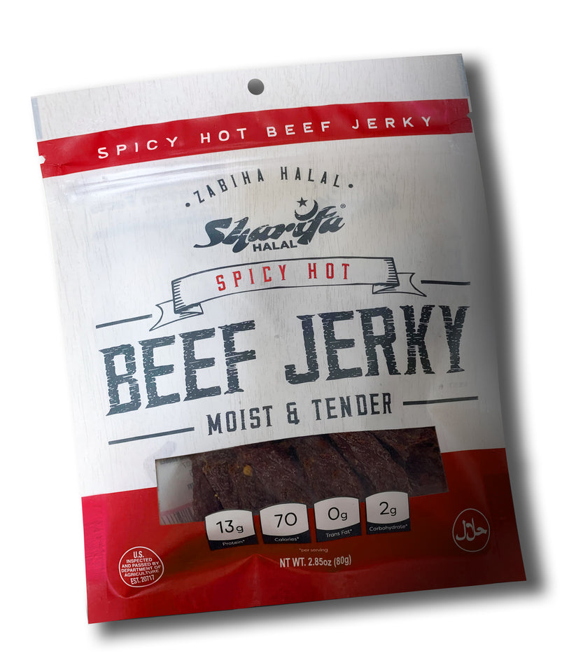 Sharifa Halal Beef Jerky, Spicy Hot, (1) 2.85 oz. Bag – Great Everyday Halal Jerky Beef Meat Snack, 100 % Real Zabiha Halal Beef, 13g of Protein, 70 Calories, 0g Trans Fat, & 2g of Carbohydrates