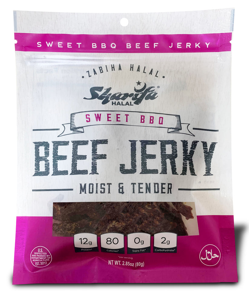 Sharifa Halal Beef Jerky, Sweet BBQ, (1) 2.85 oz. Bag – Great Everyday Halal Jerky Beef Meat Snack, 100 % Real Zabiha Halal Beef, 12g of Protein, 80 Calories, 0g Trans Fat, & 2g of Carbohydrates