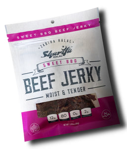 Sharifa Halal Beef Jerky, Sweet BBQ, (3) 2.85 oz. Bag – Great Everyday Halal Jerky Beef Meat Snack, 100 % Real Zabiha Halal Beef, 12g of Protein, 80 Calories, 0g Trans Fat, & 2g of Carbohydrates