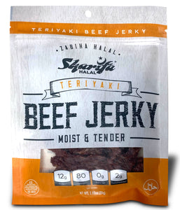 Sharifa Halal Beef Jerky, Teriyaki, (1) 2.85 oz. Bag – Great Everyday Halal Jerky Beef Meat Snack, 100 % Real Zabiha Halal Beef, 12g of Protein, 80 Calories, 0g Trans Fat, & 2g of Carbohydrates