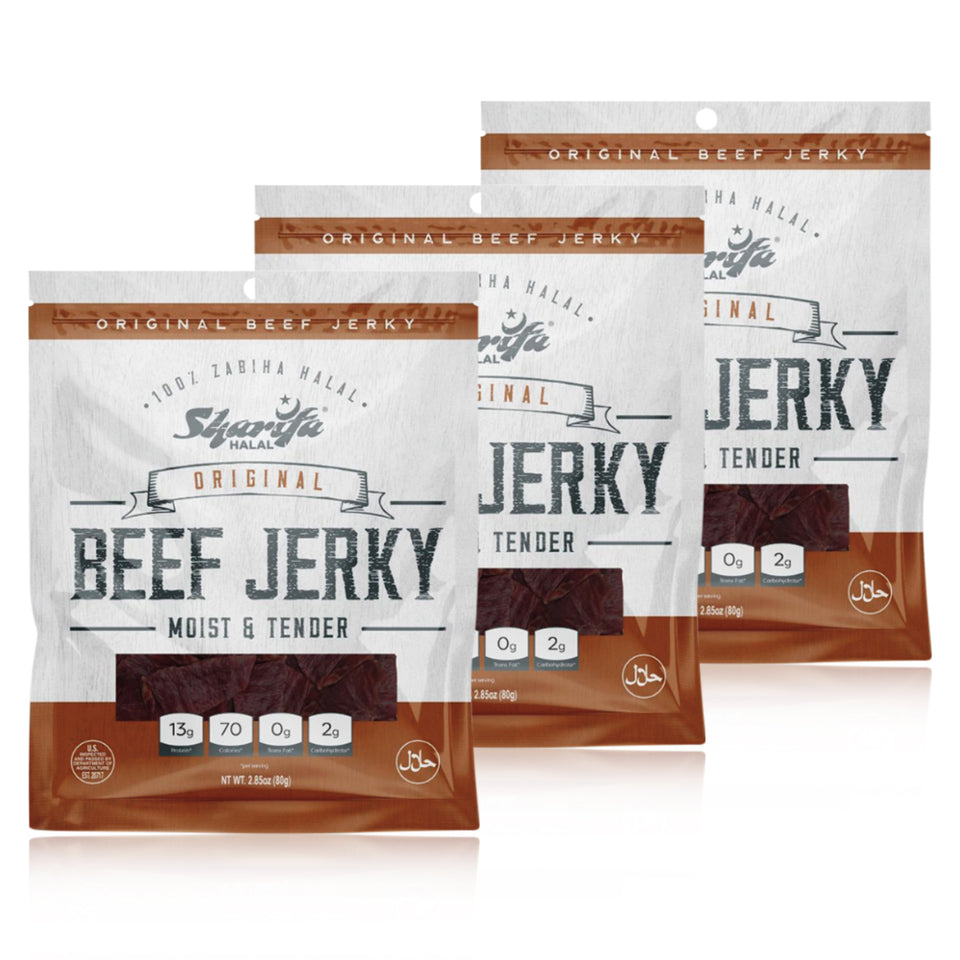 Sharifa Halal Beef Jerky, Original, (3) 2.85 oz. Bag – Great Everyday Halal Jerky Beef Meat Snack, 100 % Real Zabiha Halal Beef, 13g of Protein, 70 Calories, 0g Trans Fat, & 2g of Carbohydrates