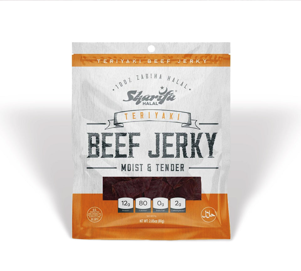 Sharifa Halal Beef Jerky, Teriyaki, (1) 2.85 oz. Bag – Great Everyday Halal Jerky Beef Meat Snack, 100 % Real Zabiha Halal Beef, 12g of Protein, 80 Calories, 0g Trans Fat, & 2g of Carbohydrates
