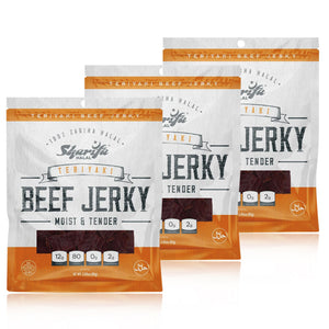 Sharifa Halal Beef Jerky, Teriyaki, (3) 2.85 oz. Bag – Great Everyday Halal Jerky Beef Meat Snack, 100 % Real Zabiha Halal Beef, 12g of Protein, 80 Calories, 0g Trans Fat, & 2g of Carbohydrates
